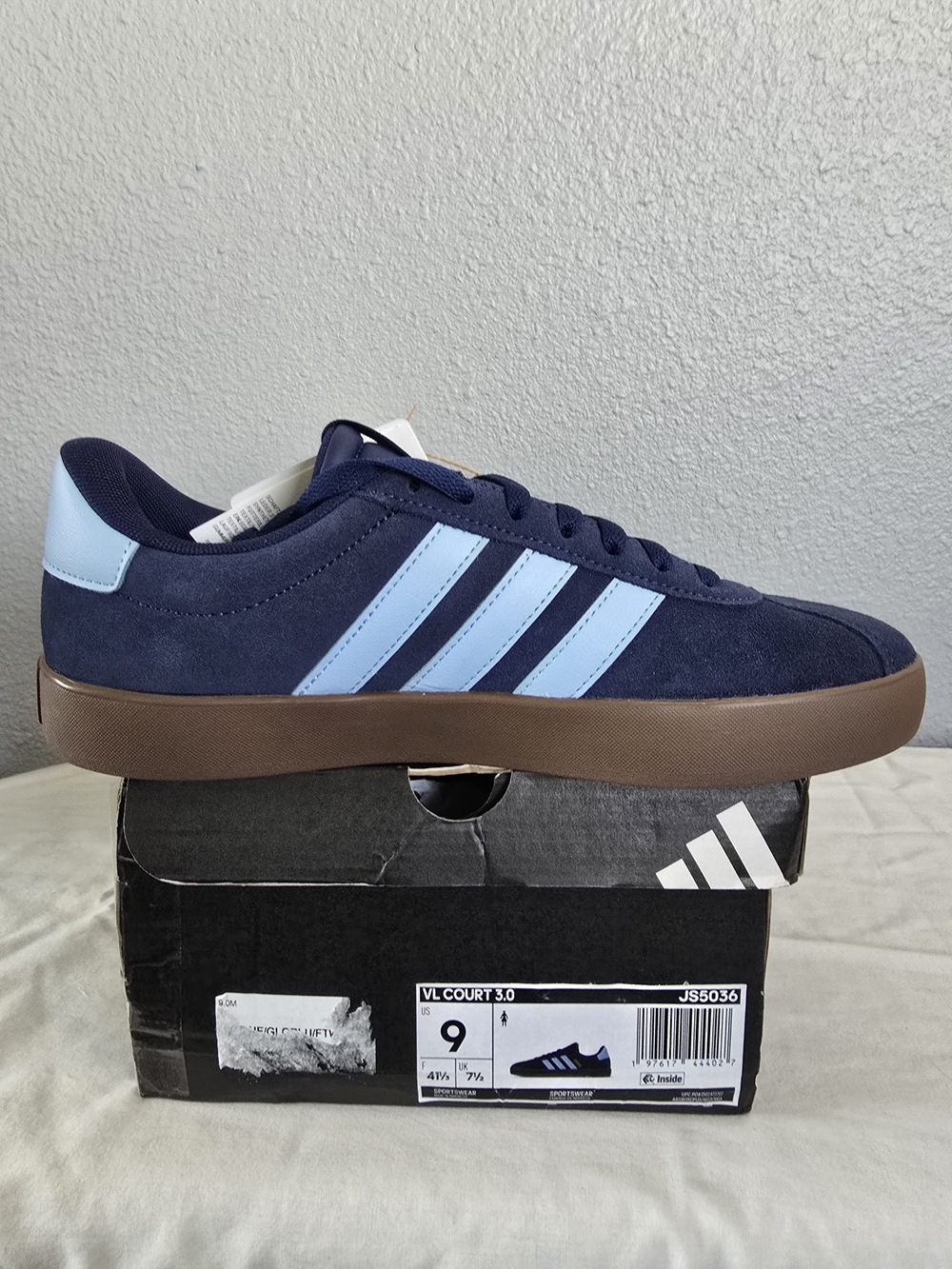adidas Womens VL Court 3.0 Navy Suede Sneakers with Light Blue Stripes - Picture 2 of 4